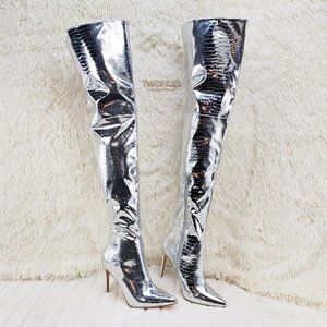 Silver Patent Wide Top Thigh High Boots 4" Heels